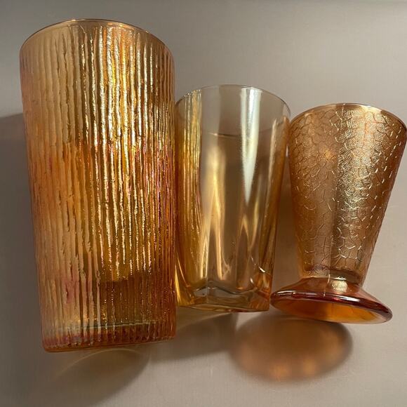 Pair Large Vintage Jeannette Tree Bark Variant Carnival Glass 23 oz Glasses - Picture 11 of 11